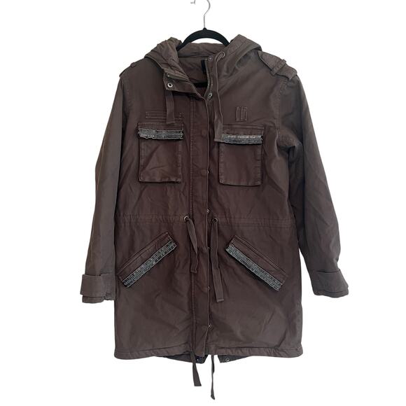 The Kooples Longline Cotton Utility Parka Coat Jacket Khaki Brown Size 2 - Picture 2 of 10